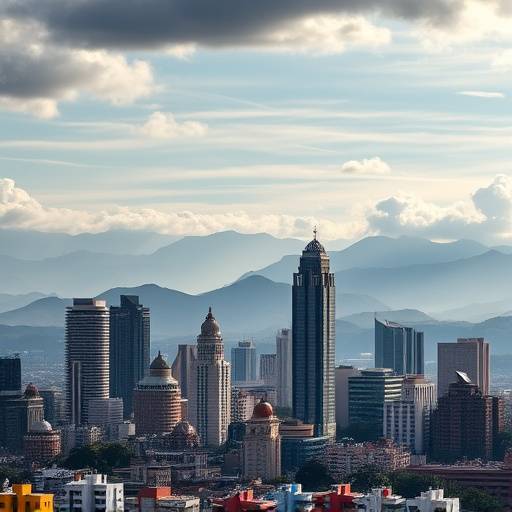 Imagen del horizonte de la ciudad de Bogotá, Colombia, con rascacielos y montañas al fondo