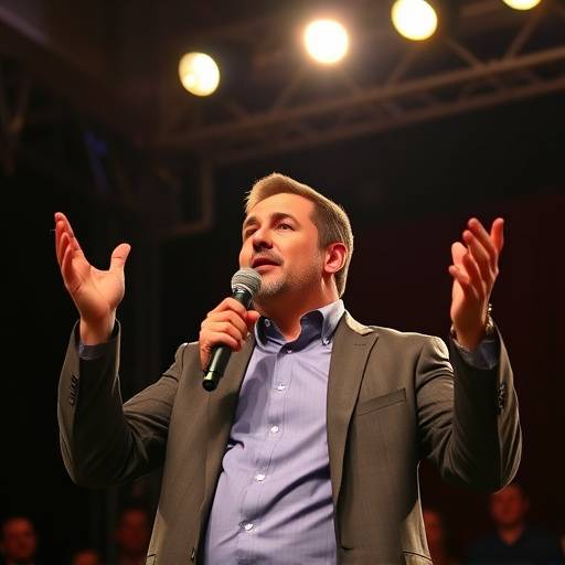 Un orador gesticulando con entusiasmo durante una presentación